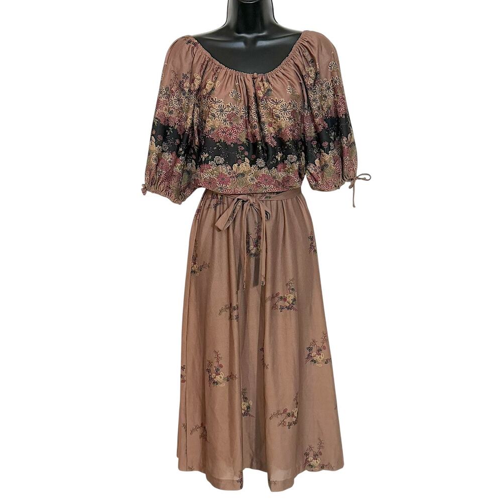 Vtg Patty ONeil Floral Midi Dress 5 Puff Sleeve Peasant Cottagecore Boho 70s